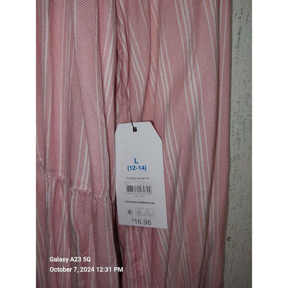 Time and Tru Top Womens Large 12-14 Pink Striped Long Sleeve Woven Peplum - Picture 2 of 7